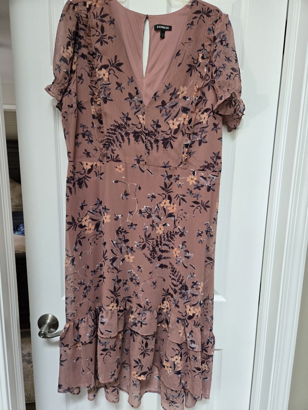 Express Mauve Floral Ruffle Hem Dress